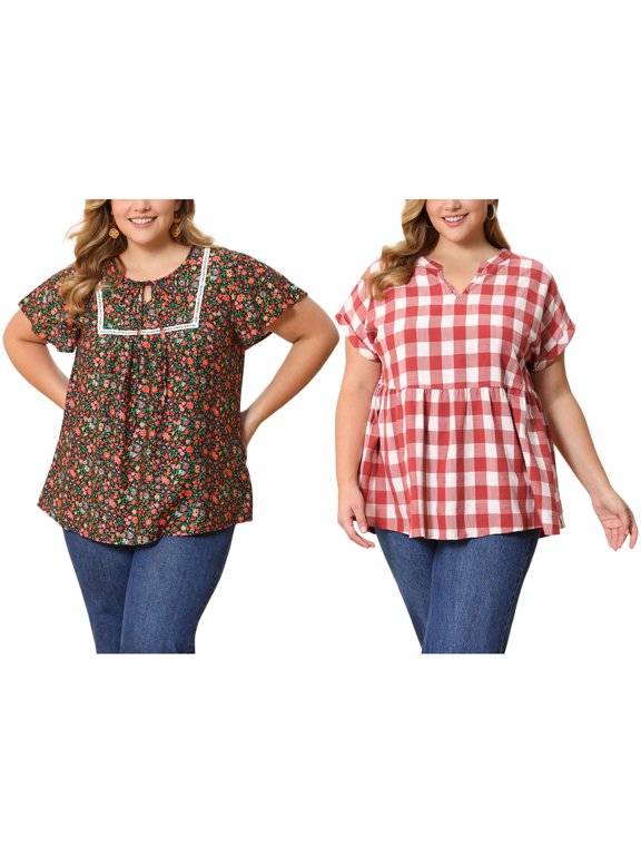 Women's Plus Size 2 Pieces Blouse Pleats and Pintucked Trim Front Tie Neck Tops Short Sleeves Summer Blouses 4X Red/Black