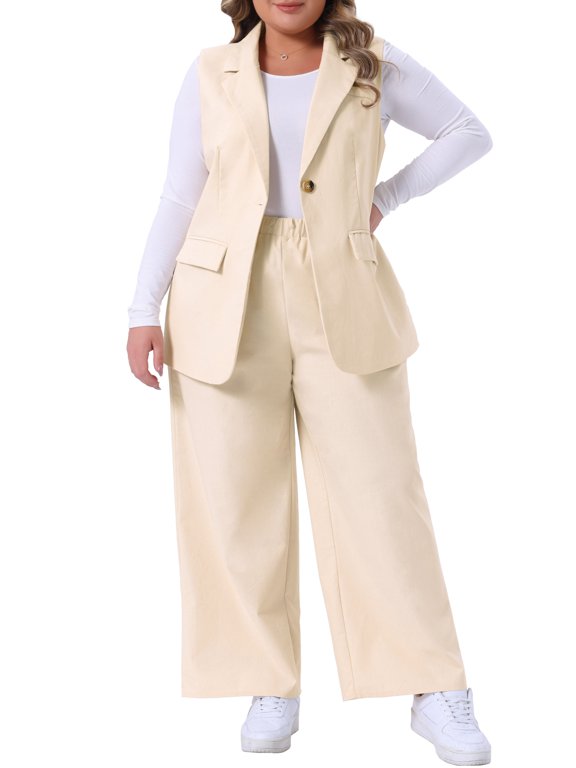 Women's Plus Size 2 Pieces Business Casual Linen Sleeveless Suit Vests and Elastic Waist Palazzo Pants with Pocket Sets 1X Apricot