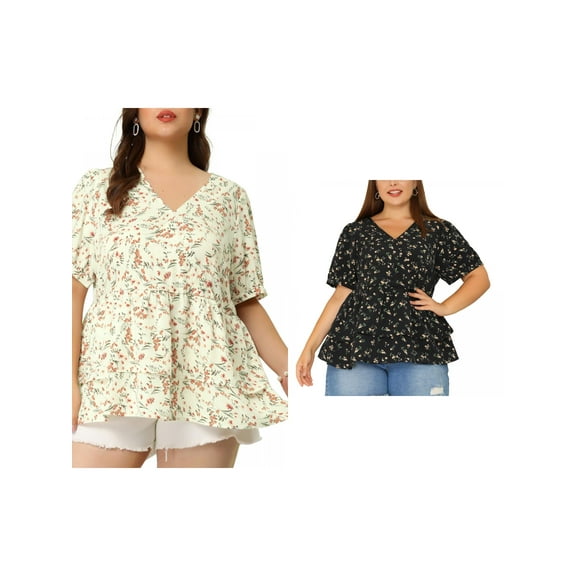 NOMADIC NOOK Women's Plus Size 2 Pieces Floral Blouse Flare Hem V Neck Short Sleeve Casual Layered Peplum Tops 1X Black/White