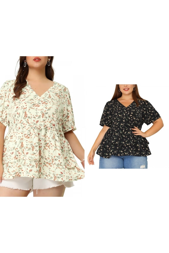 Women's Plus Size 2 Pieces Floral Blouse Flare Hem V Neck Short Sleeve Casual Layered Peplum Tops 3X Black/White