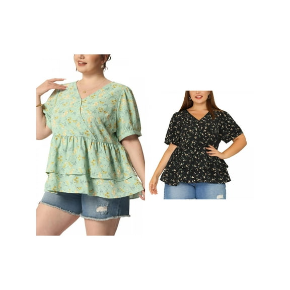 NOMADIC NOOK Women's Plus Size 2 Pieces Floral Blouse Flare Hem V Neck Short Sleeve Casual Layered Peplum Tops 4X Green/Black