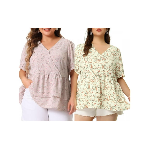 NOMADIC NOOK Women's Plus Size 2 Pieces Floral Blouse Flare Hem V Neck Short Sleeve Casual Layered Peplum Tops 4X White/Pink
