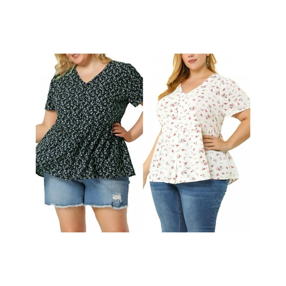 NOMADIC NOOK Women's Plus Size 2 Pieces Floral Blouse Summer Ruffle Hem V Neck Short Sleeve Casual Peplum Top with Buttons 1X Navy/White