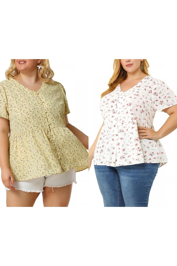 Women's Plus Size 2 Pieces Floral Blouse Summer Ruffle Hem V Neck Short Sleeve Casual Peplum Top with Buttons 1X White/Yellow
