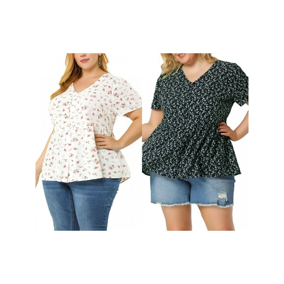 NOMADIC NOOK Women's Plus Size 2 Pieces Floral Blouse Summer Ruffle Hem V Neck Short Sleeve Casual Peplum Top with Buttons 2X Navy/White