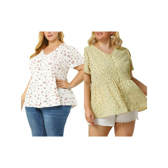 NOMADIC NOOK Women's Plus Size 2 Pieces Floral Blouse Summer Ruffle Hem V Neck Short Sleeve Casual Peplum Top with Buttons 2X White/Yellow
