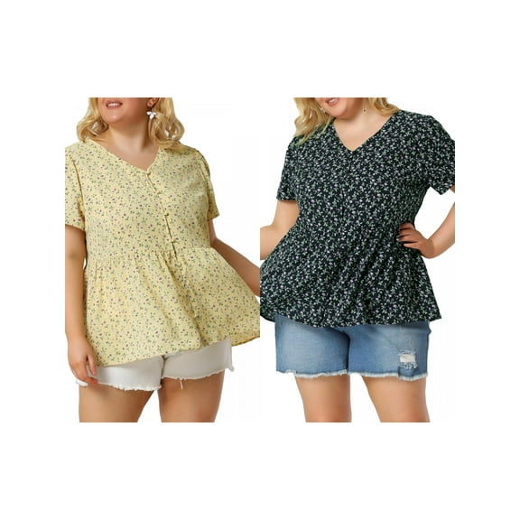 NOMADIC NOOK Women's Plus Size 2 Pieces Floral Blouse Summer Ruffle Hem V Neck Short Sleeve Casual Peplum Top with Buttons 2X Yellow/Navy