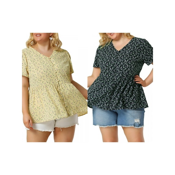 NOMADIC NOOK Women's Plus Size 2 Pieces Floral Blouse Summer Ruffle Hem V Neck Short Sleeve Casual Peplum Top with Buttons 3X Yellow/Navy