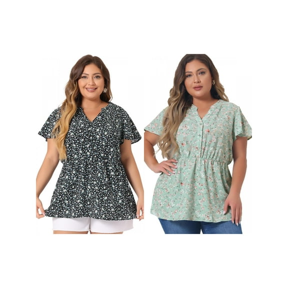 NOMADIC NOOK Women's Plus Size 2 Pieces Floral Blouse V Neck Short Sleeve Casual Smocked Waist Peplum Chiffon Top 1X Black White/Green