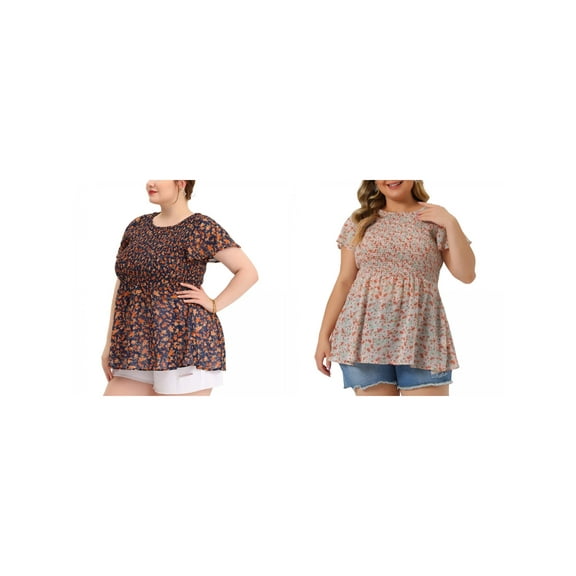 NOMADIC NOOK Women's Plus Size 2 Pieces Floral Blouses Chiffon Smock Waist Round Neck Flare Sleeve Casual Peplum Tops 2X Pink Green/Navy