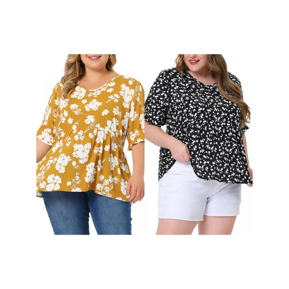 NOMADIC NOOK Women's Plus Size 2 Pieces Floral Tops Summer V Neck Ruffle Short Sleeve Casual Tiered Babydoll Blouses 1X Yellow/Black