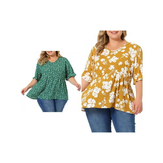 NOMADIC NOOK Women's Plus Size 2 Pieces Floral Tops Summer V Neck Ruffle Short Sleeve Casual Tiered Babydoll Blouses 2X Green/Yellow
