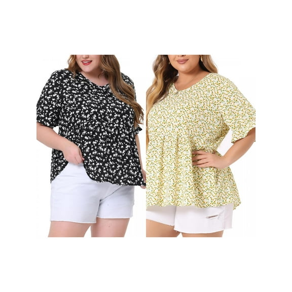 NOMADIC NOOK Women's Plus Size 2 Pieces Floral Tops Summer V Neck Ruffle Short Sleeve Casual Tiered Babydoll Blouses 4X Black/Light Yellow