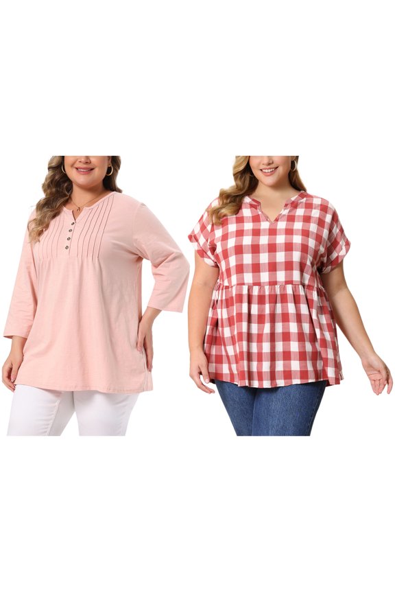 Women's Plus Size 2 Pieces Pleated Notched V Neck 3/4 Sleeves Henley Button Decor Tunic Tops Plaid Peplum Blouses 4X Red/Pink