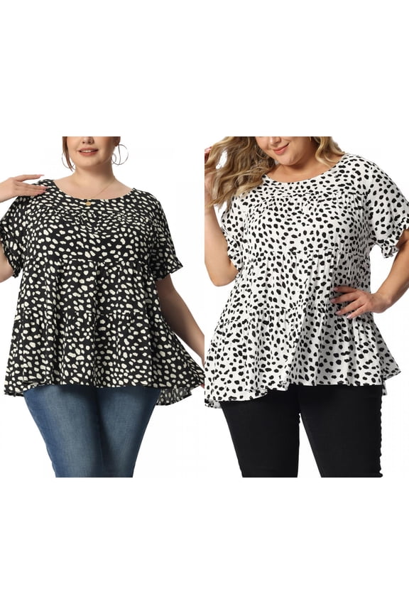 Women's Plus Size 2 Pieces Polka Dots Blouses Summer Round Neck Ruffle Sleeve Casual Tiered Peplum Tops 1X Black/White