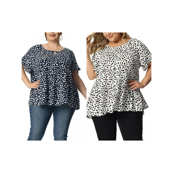 NOMADIC NOOK Women's Plus Size 2 Pieces Polka Dots Blouses Summer Round Neck Ruffle Sleeve Casual Tiered Peplum Tops 2X White/Navy Blue