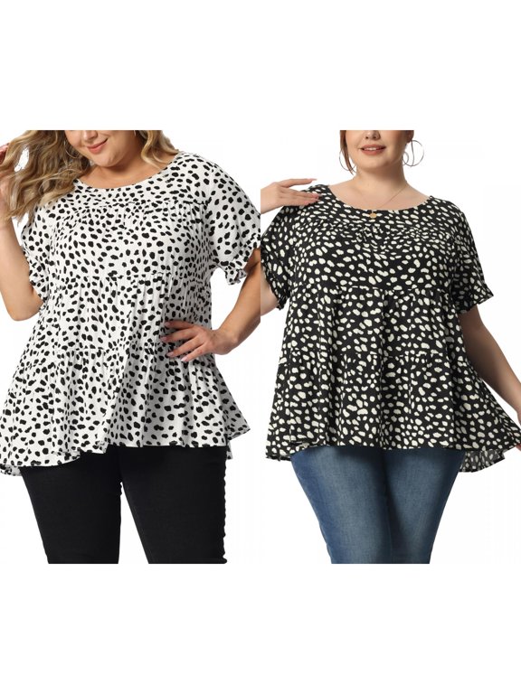 Women's Plus Size 2 Pieces Polka Dots Blouses Summer Round Neck Ruffle Sleeve Casual Tiered Peplum Tops 4X Black/White