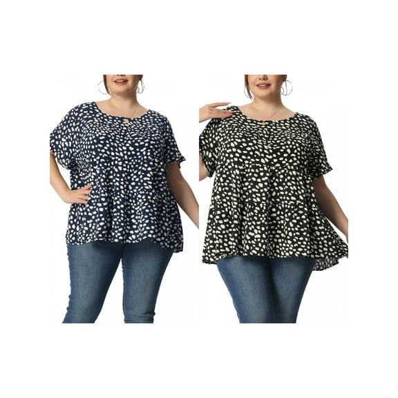 NOMADIC NOOK Women's Plus Size 2 Pieces Polka Dots Blouses Summer Round Neck Ruffle Sleeve Casual Tiered Peplum Tops 4X Navy Blue/Black