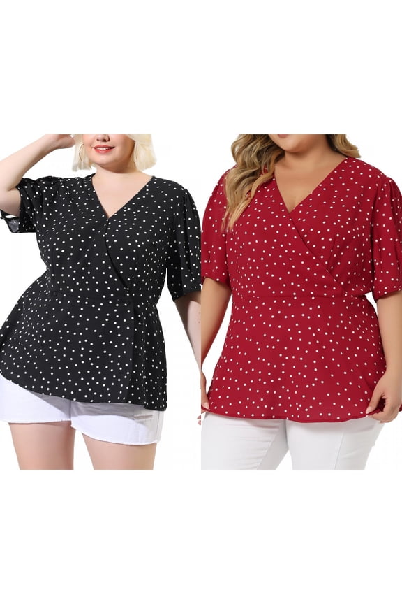 Women's Plus Size 2 Pieces Polka Dots Blouses Summer V Neck Button Front Pleated Short Sleeve Wrap Peplum Top 2X Black/Red