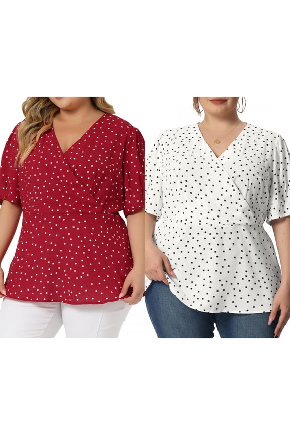 Women's Plus Size 2 Pieces Polka Dots Blouses Summer V Neck Button Front Pleated Short Sleeve Wrap Peplum Top 3X Red/White