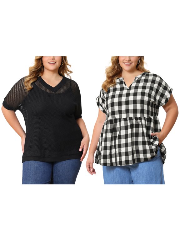 Women's Plus Size 2 Pieces Summer Tops Plaid Crochet Side Slit Half Sleeves V Neck Loose Waffle Knit Casual Blouses 2X Black/Black
