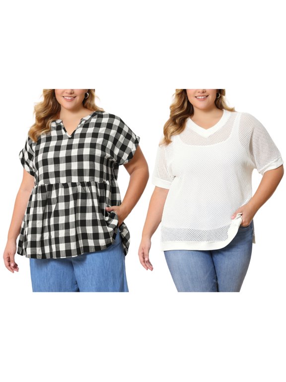 Women's Plus Size 2 Pieces Summer Tops Plaid Crochet Side Slit Half Sleeves V Neck Loose Waffle Knit Casual Blouses 3X Black/White
