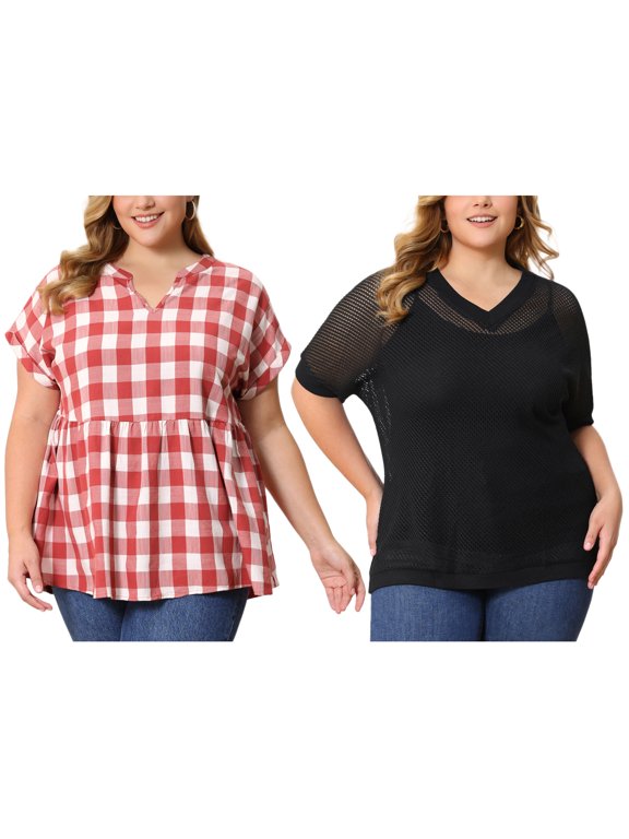 Women's Plus Size 2 Pieces Summer Tops Plaid Crochet Side Slit Half Sleeves V Neck Loose Waffle Knit Casual Blouses 3X Red/Black