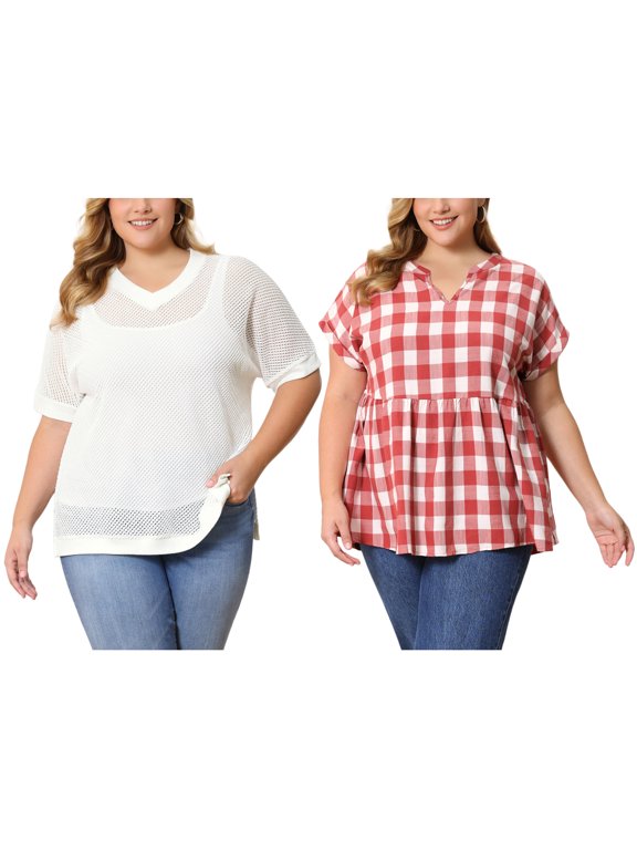 Women's Plus Size 2 Pieces Summer Tops Plaid Crochet Side Slit Half Sleeves V Neck Loose Waffle Knit Casual Blouses 4X Red/White