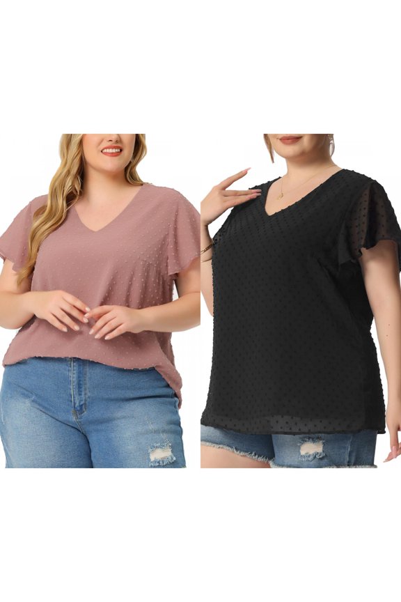 Women's Plus Size 2 Pieces Swiss Dots Blouse Summer Flutter Sleeves V Neck Casual Tops 1X Pink/Black