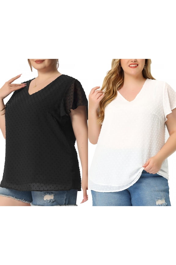 Women's Plus Size 2 Pieces Swiss Dots Blouse Summer Flutter Sleeves V Neck Casual Tops 3X Black/White