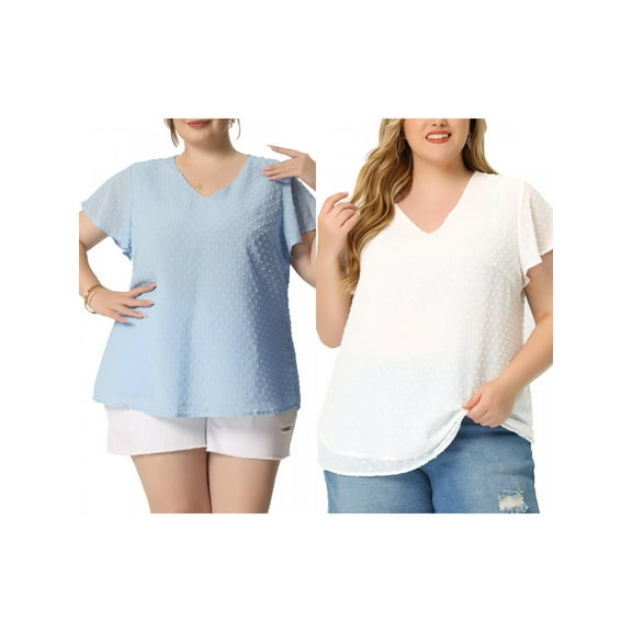 NOMADIC NOOK Women's Plus Size 2 Pieces Swiss Dots Blouse Summer Flutter Sleeves V Neck Casual Tops 3X White/Sky Blue