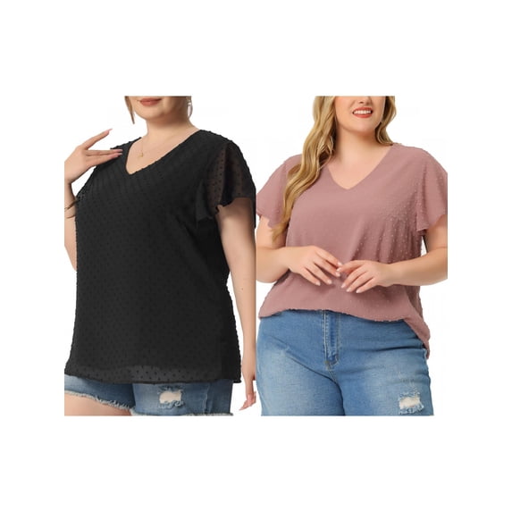 NOMADIC NOOK Women's Plus Size 2 Pieces Swiss Dots Blouse Summer Flutter Sleeves V Neck Casual Tops 4X Pink/Black