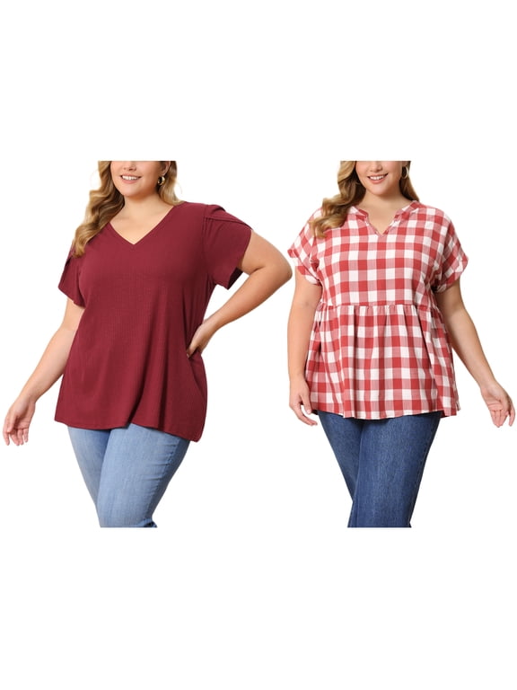 Women's Plus Size 2 Pieces Top Summer Solid V Neck Tulip Sleeve and Plaid Loose Casual Blouses 4X Red/Burgundy