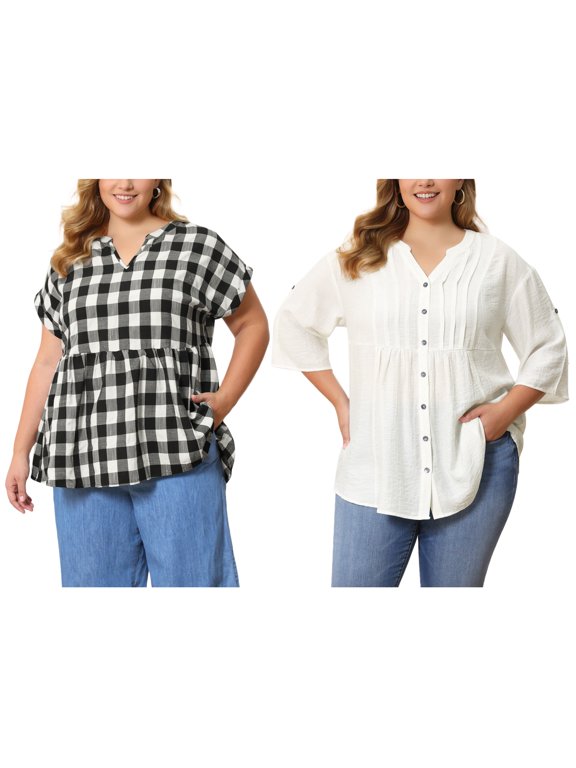 Women's Plus Size 2 Pieces Tops 3/4 Sleeves Button Down Textured Pintuck Shirts Notch V Neck Plaid Peplum Blouse 2X Black/White