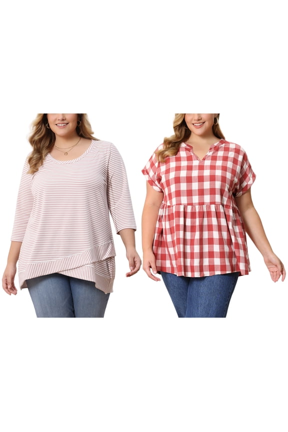 Women's Plus Size 2 Pieces Tops Striped Scoop Neck Crossover High Low Hem Loose Casual Tunic Top Plaid Blouse 2X Red/Pink