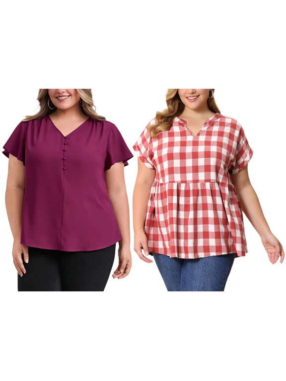 Women's Plus Size 2 Pieces Tops V Neck Short Sleeves Pleated Casual Loose Fit Blouses 1X Red/Purple Red