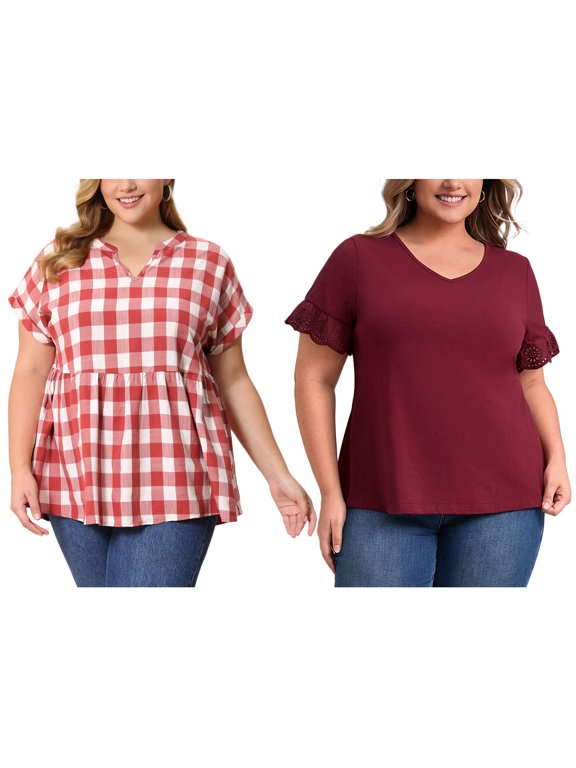 Women's Plus Size 2Pieces Tops V Neck Eyelet Embroidered Lace Short Sleeves Blouses 3X Red/Burgundy