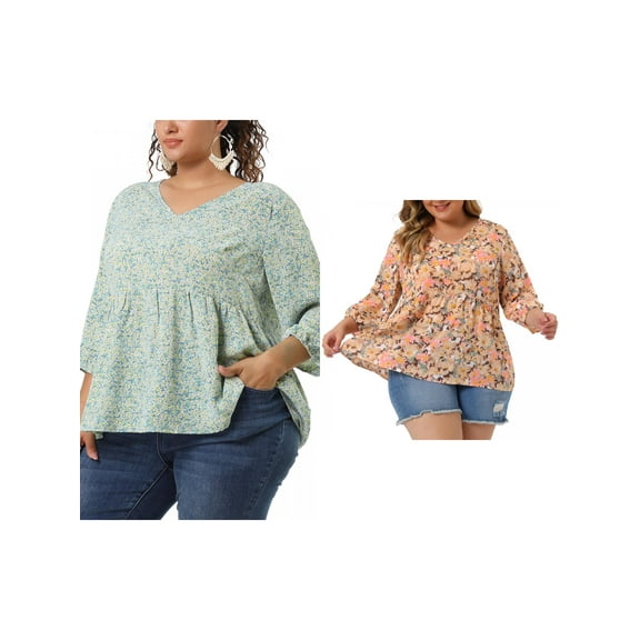 NOMADIC NOOK Women's Plus Size Babydoll Floral 3/4 Sleeve Peplum Hem Casual Blouses
