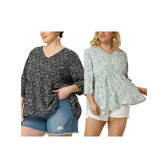 NOMADIC NOOK Women's Plus Size Babydoll Floral 3/4 Sleeve Peplum Hem Casual Blouses