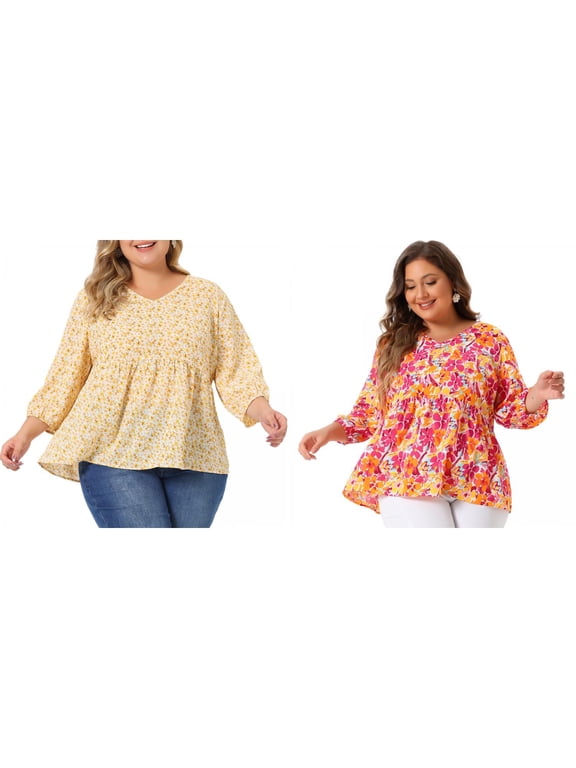 Women's Plus Size Babydoll Floral 3/4 Sleeve Peplum Hem Casual Blouses