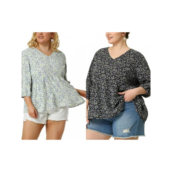 NOMADIC NOOK Women's Plus Size Babydoll Floral 3/4 Sleeve Peplum Hem Casual Blouses