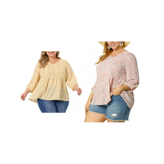 NOMADIC NOOK Women's Plus Size Babydoll Floral 3/4 Sleeve Peplum Hem Casual Blouses