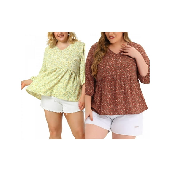 NOMADIC NOOK Women's Plus Size Babydoll Floral 3/4 Sleeve Peplum Hem Casual Blouses