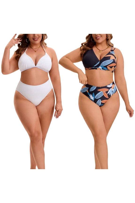 Women's Plus Size Bikini Set Ribbed Two Piece Bathing Swimsuits Halter Pearl Strap Triangle Top with High Waisted Shorts 1X Black 1X Black/White
