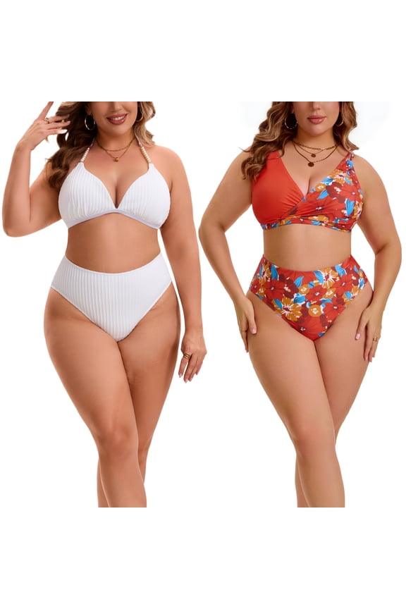 Women's Plus Size Bikini Set Ribbed Two Piece Bathing Swimsuits Halter Pearl Strap Triangle Top with High Waisted Shorts 1X Black Large Orange/White
