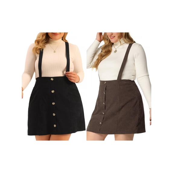 NOMADIC NOOK Women's Plus Size Button Up A-Line Corduroy Casual Mini Suspender Skirt