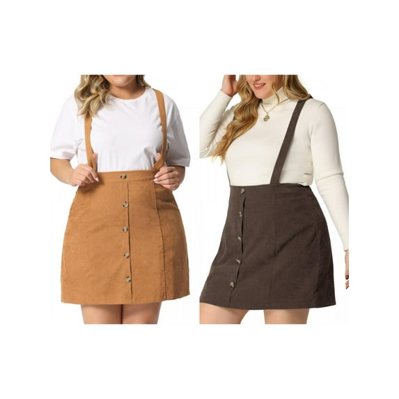 NOMADIC NOOK Women's Plus Size Button Up A-Line Corduroy Casual Mini Suspender Skirt