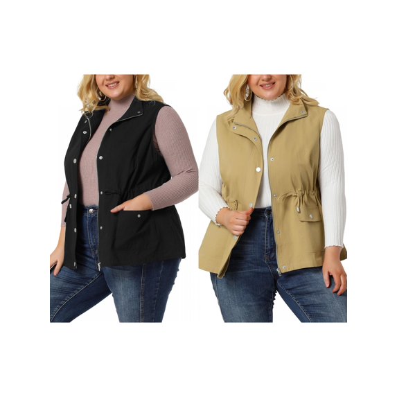 NOMADIC NOOK Women's Plus Size Cargo Pocket Drawstring Waist Vest Jacket