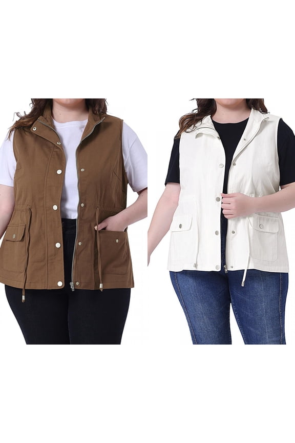 Women's Plus Size Cargo Pocket Drawstring Waist Vest Jacket