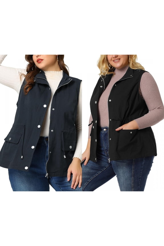 Women's Plus Size Cargo Pocket Drawstring Waist Vest Jacket